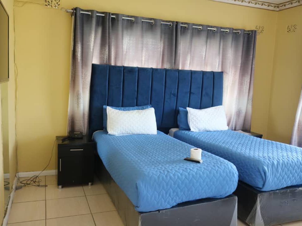 Standard twin room with two single beds and TV at Afro Lodges & Motels, Borrowdale, Harare